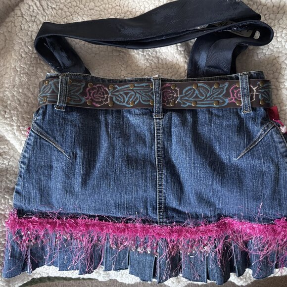 Handmade Upcycled Denim Shoulder Bag | Fringe & Floral Belt Detail - Picture 4 of 4
